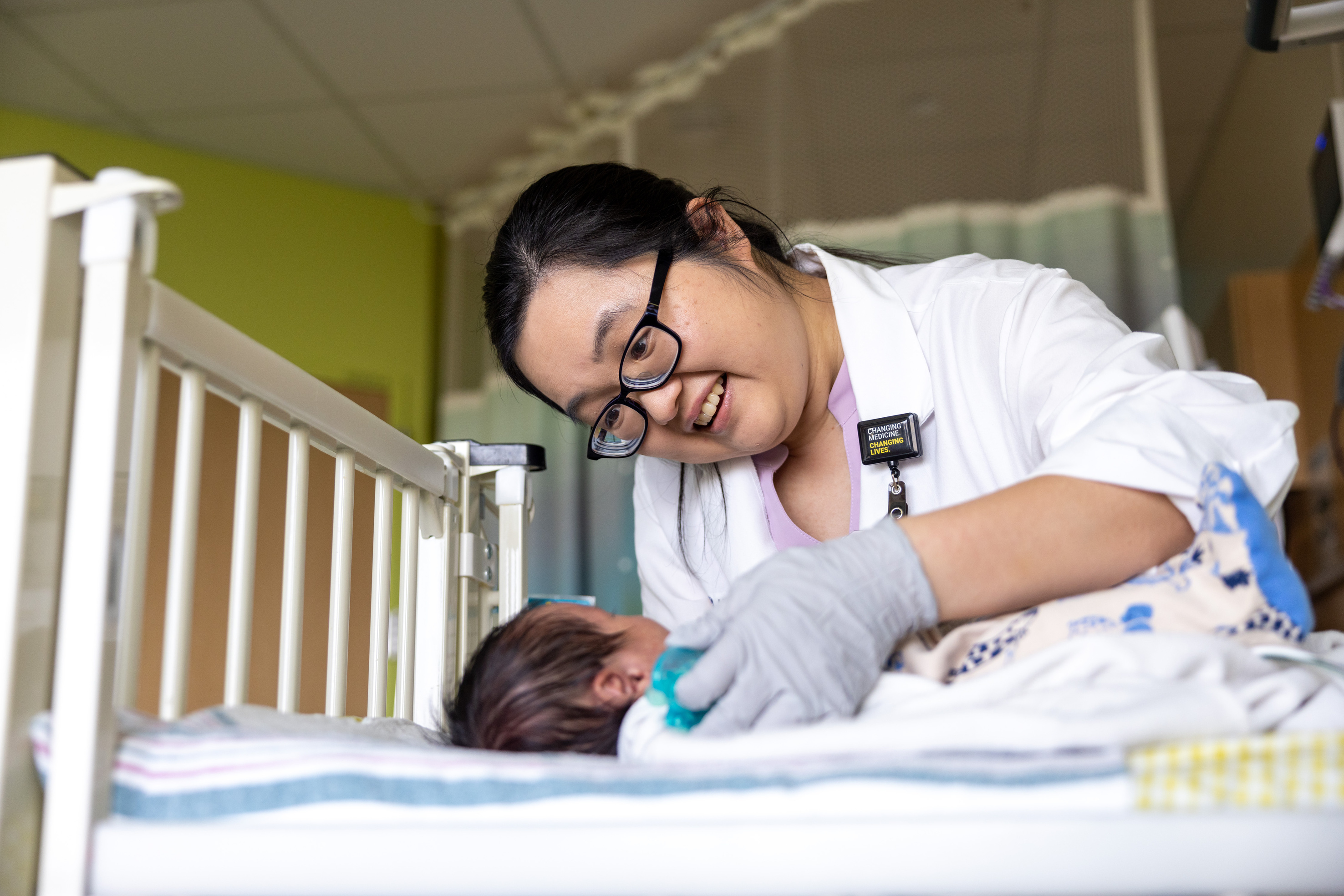 Dr. Stephanie Lee with a Vein of Galen patient in the NICU on Thursday, June 8, 2023. Patient consent form on file.