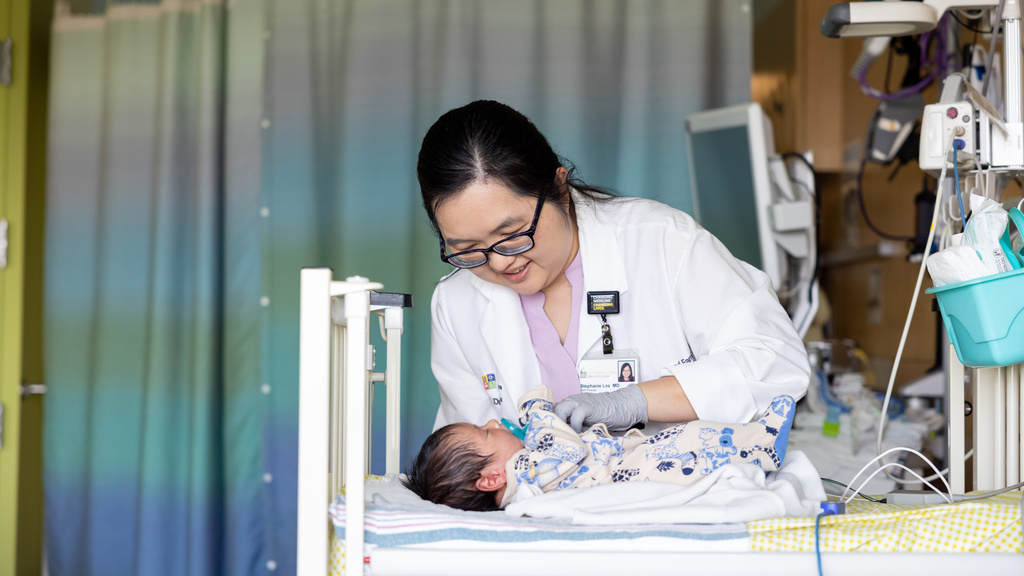Dr. Stephanie Lee with a Vein of Galen patient in the NICU on Thursday, June 8, 2023. Patient consent form on file.