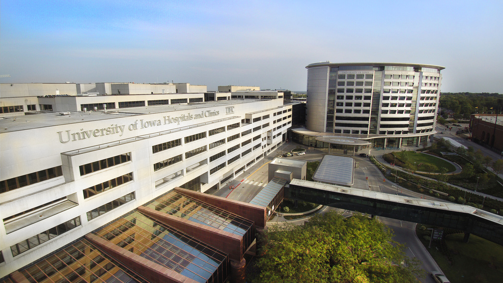 Drone footage of University of Iowa Health Care university campus, with Stead Family Children's Hospital at right. Photographed on Aug. 18, 2017.